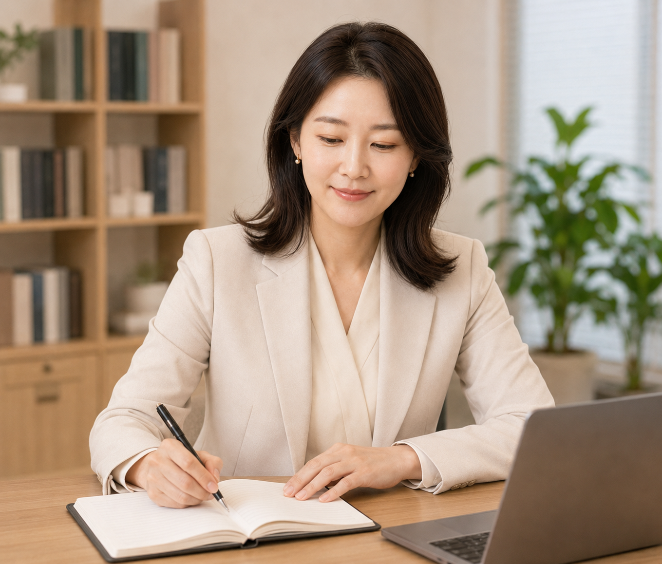 노트북과 상담 노트로 보험상품을 연구하는 모습