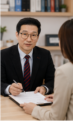 고객과 상담 서류를 함께 확인하는 모습