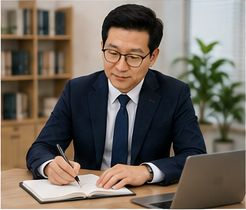 노트북과 상담 노트로 보험상품을 연구하는 모습