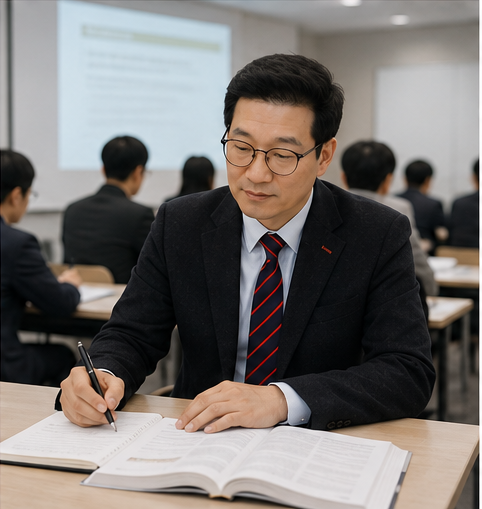보험 교육에 참여해 교재를 살펴보는 모습