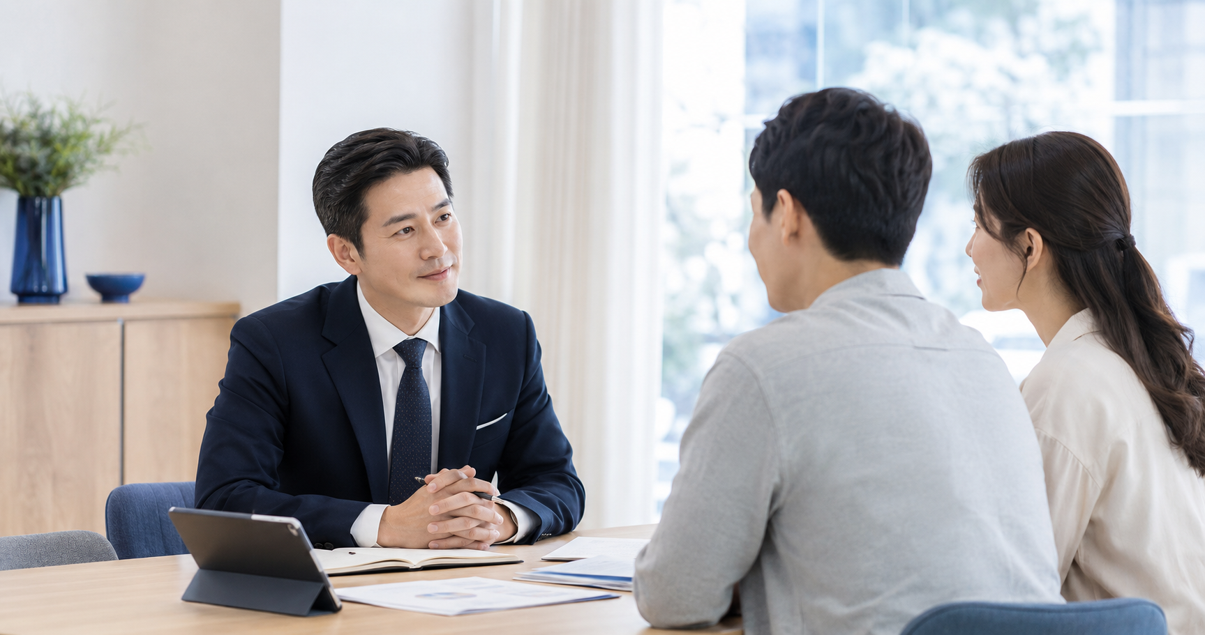 고객의 이야기를 집중해서 듣는 한국인 보험전문가